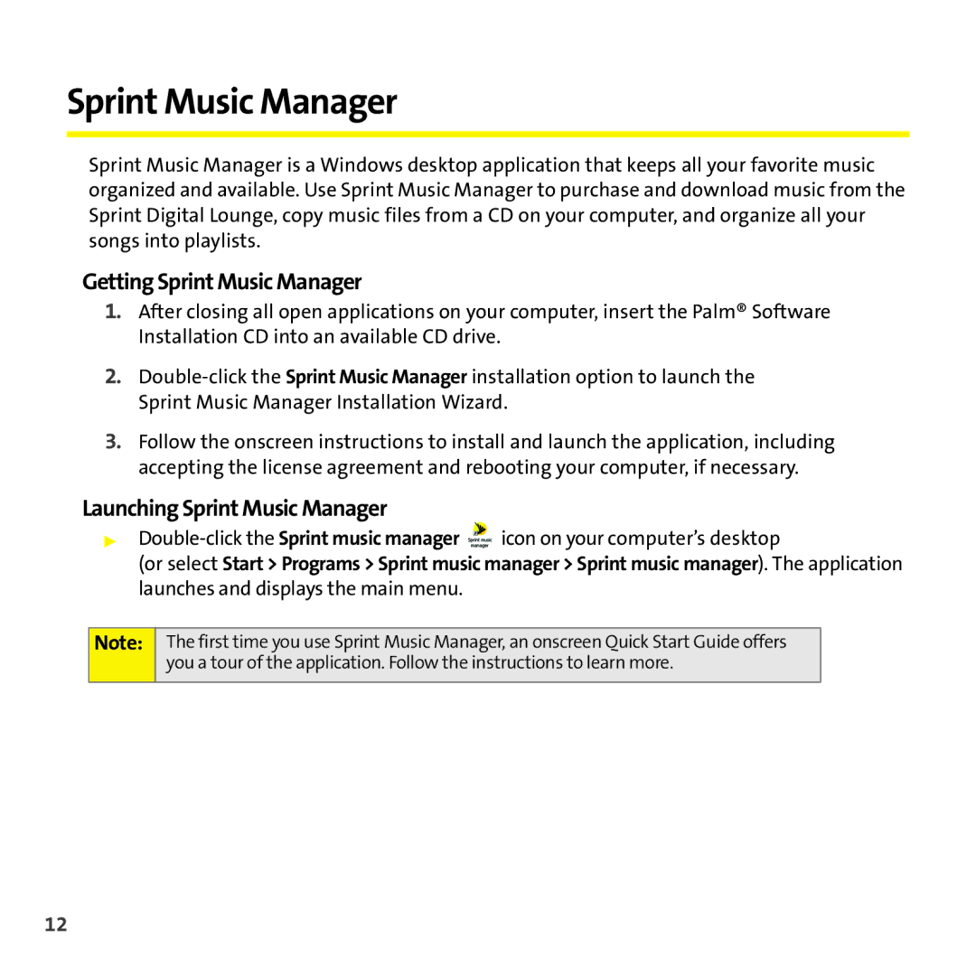 Palm Smart Phone manual Getting Sprint Music Manager, Launching Sprint Music Manager 