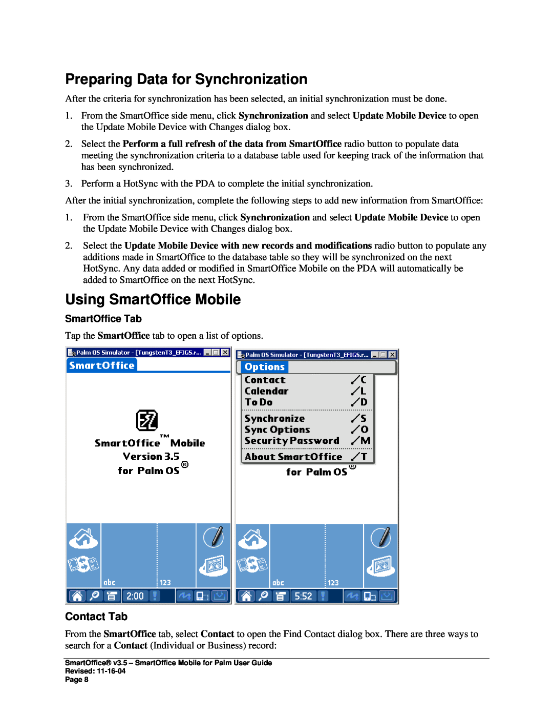 Palm manual Preparing Data for Synchronization, Using SmartOffice Mobile, Contact Tab, SmartOffice Tab 