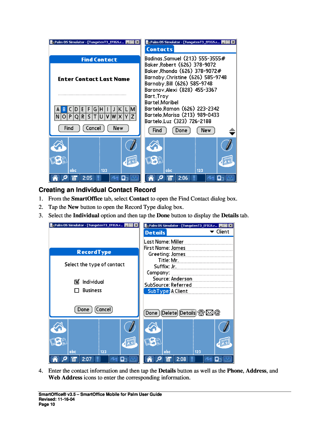 Palm SmartOffice Mobile manual Creating an Individual Contact Record 