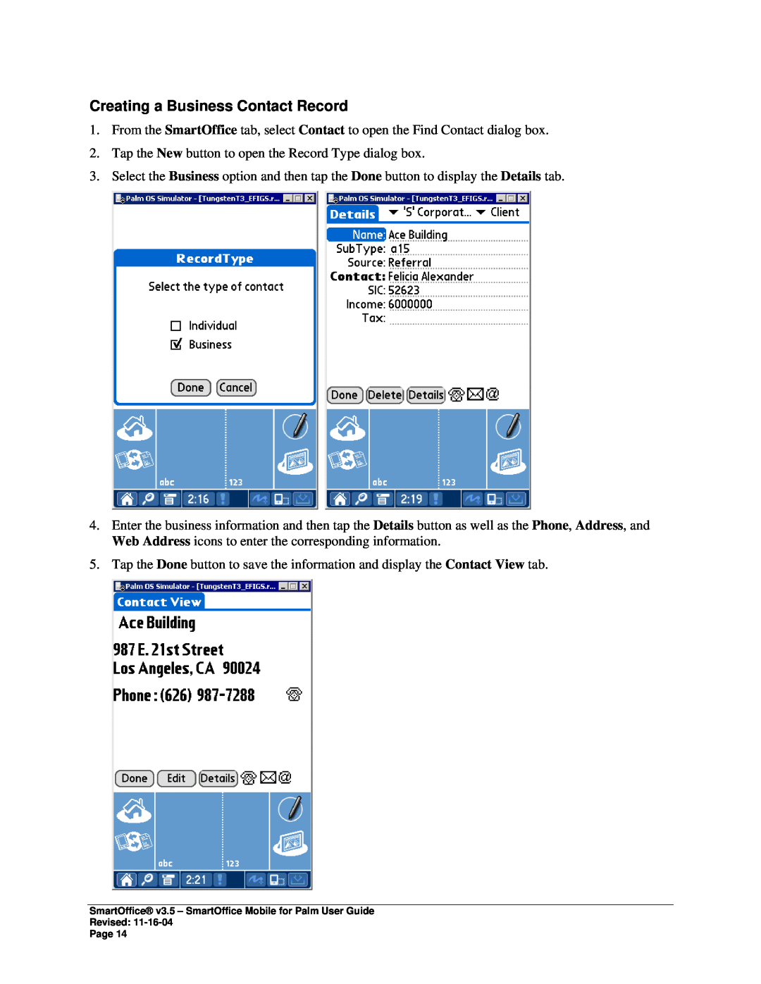 Palm SmartOffice Mobile manual Creating a Business Contact Record 