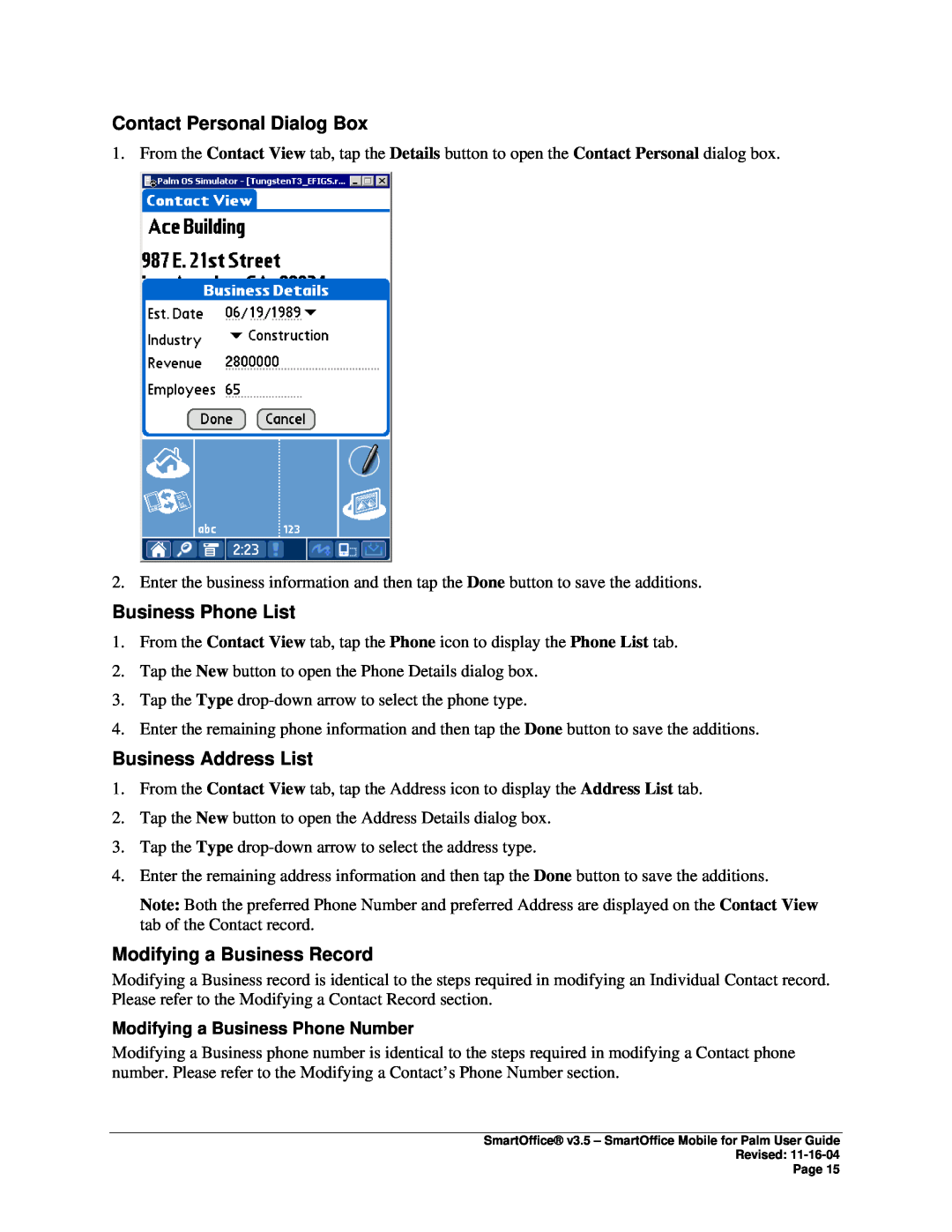 Palm SmartOffice Mobile manual Business Phone List, Business Address List, Modifying a Business Record 