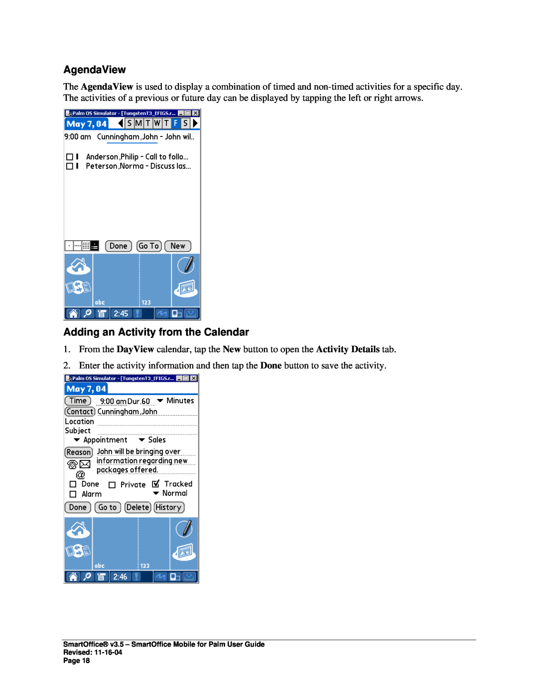 Palm SmartOffice Mobile manual AgendaView, Adding an Activity from the Calendar 