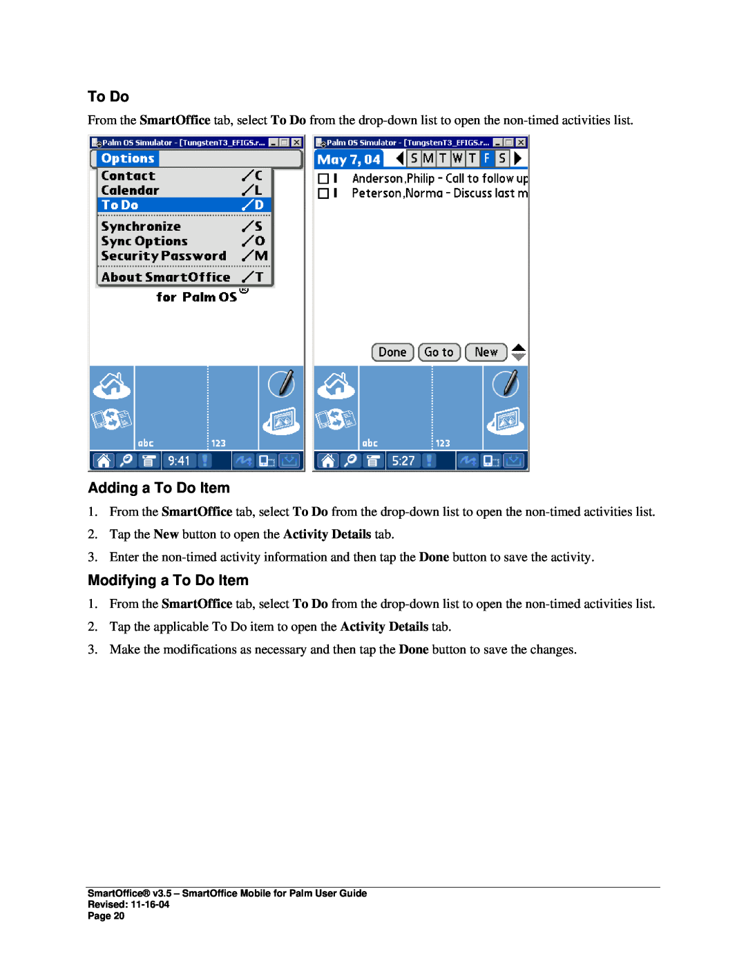 Palm SmartOffice Mobile manual Adding a To Do Item, Modifying a To Do Item 
