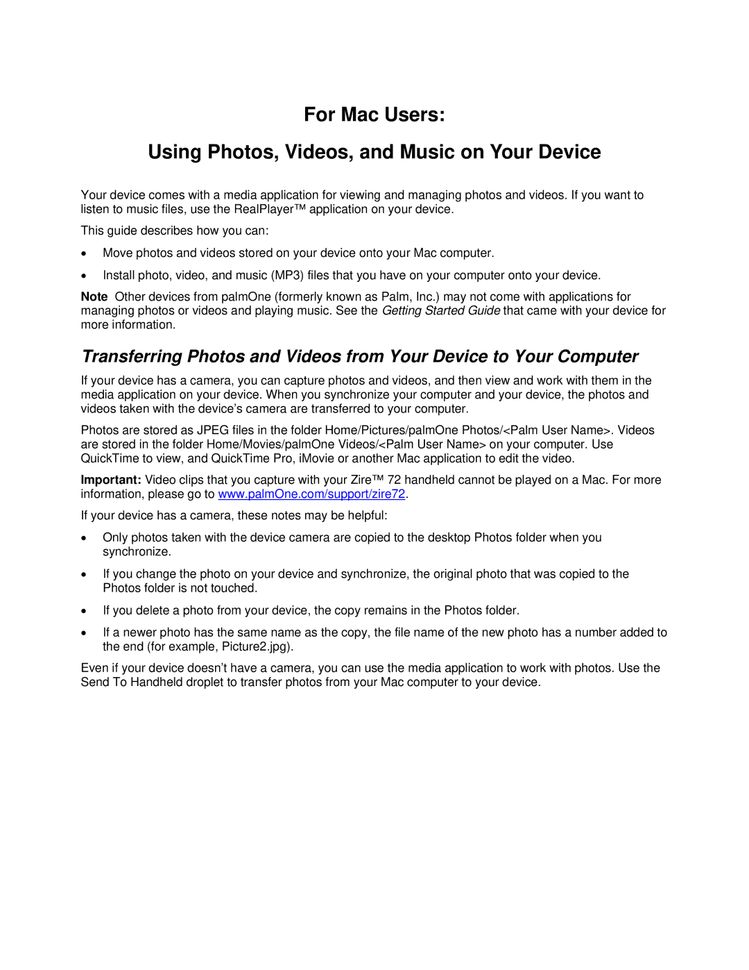 Palm T5 manual For Mac Users Using Photos, Videos, and Music on Your Device 