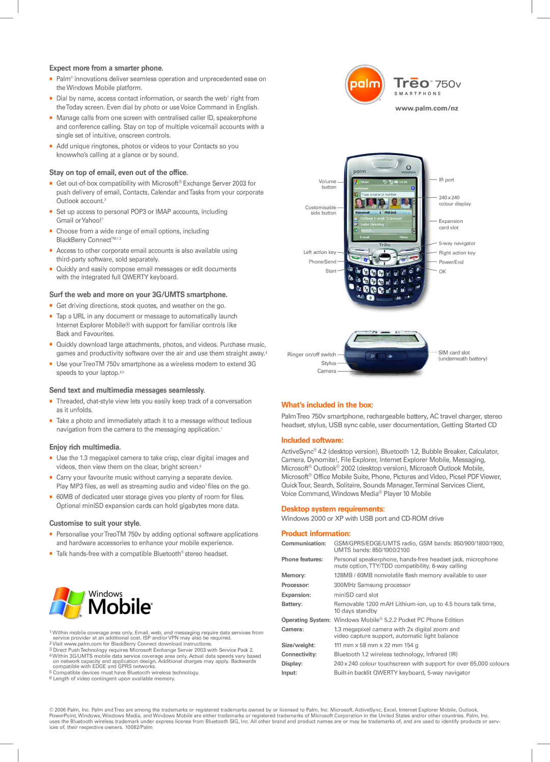 Palm Treo 750v manual What’s included in the box, Included software Desktop system requirements, Product information 