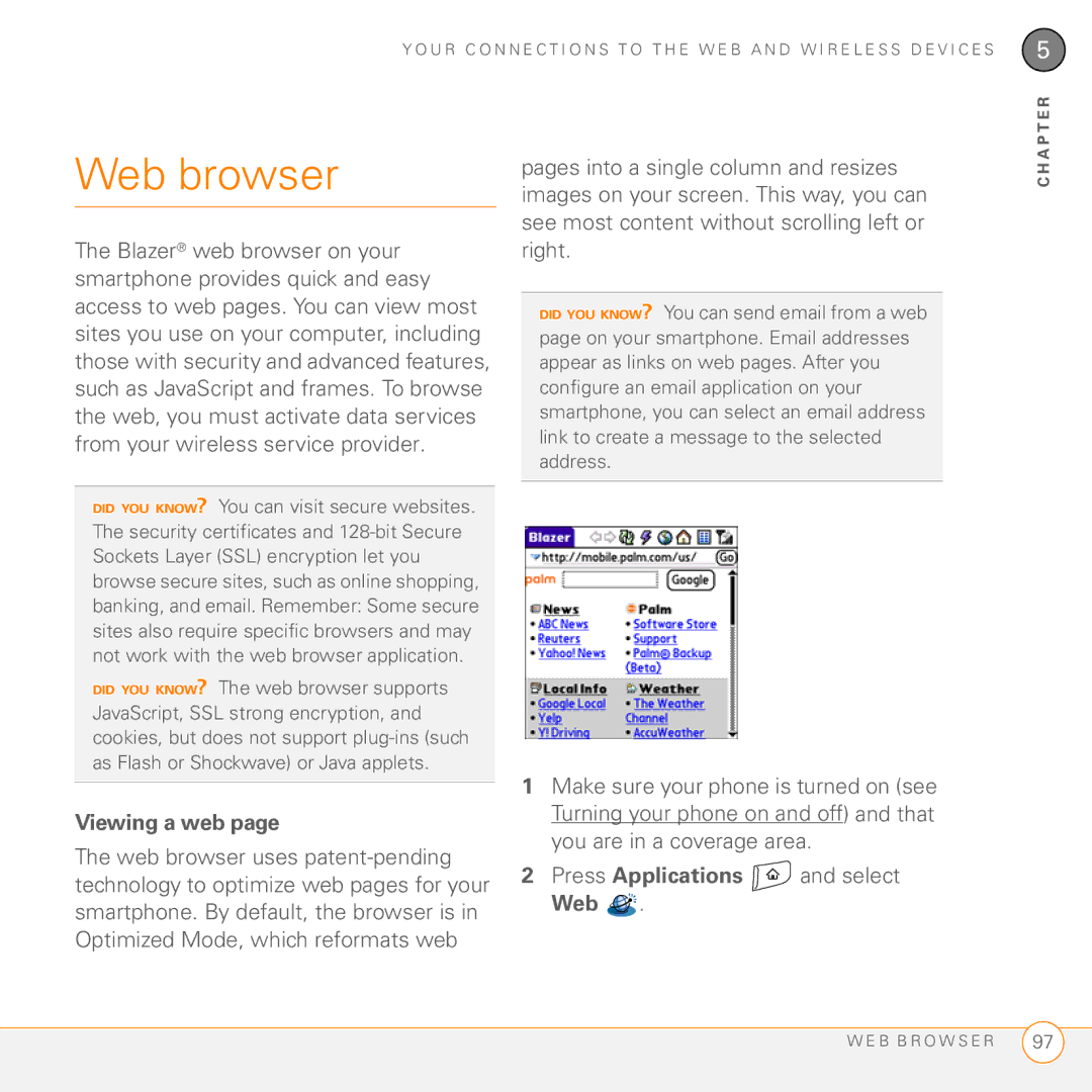 Palm Treo 755P manual Web browser, Viewing a web, Press Applications and select Web 