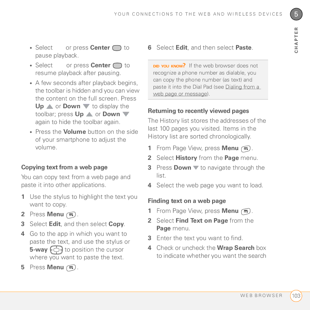 Palm Treo 755P manual Copying text from a web, Returning to recently viewed pages, Finding text on a web 