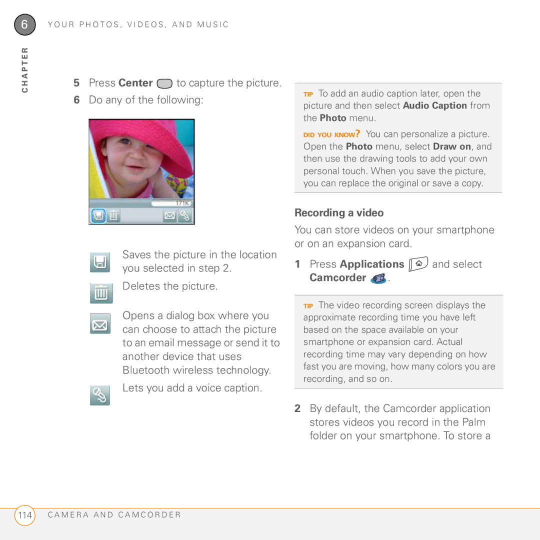 Palm Treo 755P manual Lets you add a voice caption, Recording a video, Press Applications and select Camcorder 