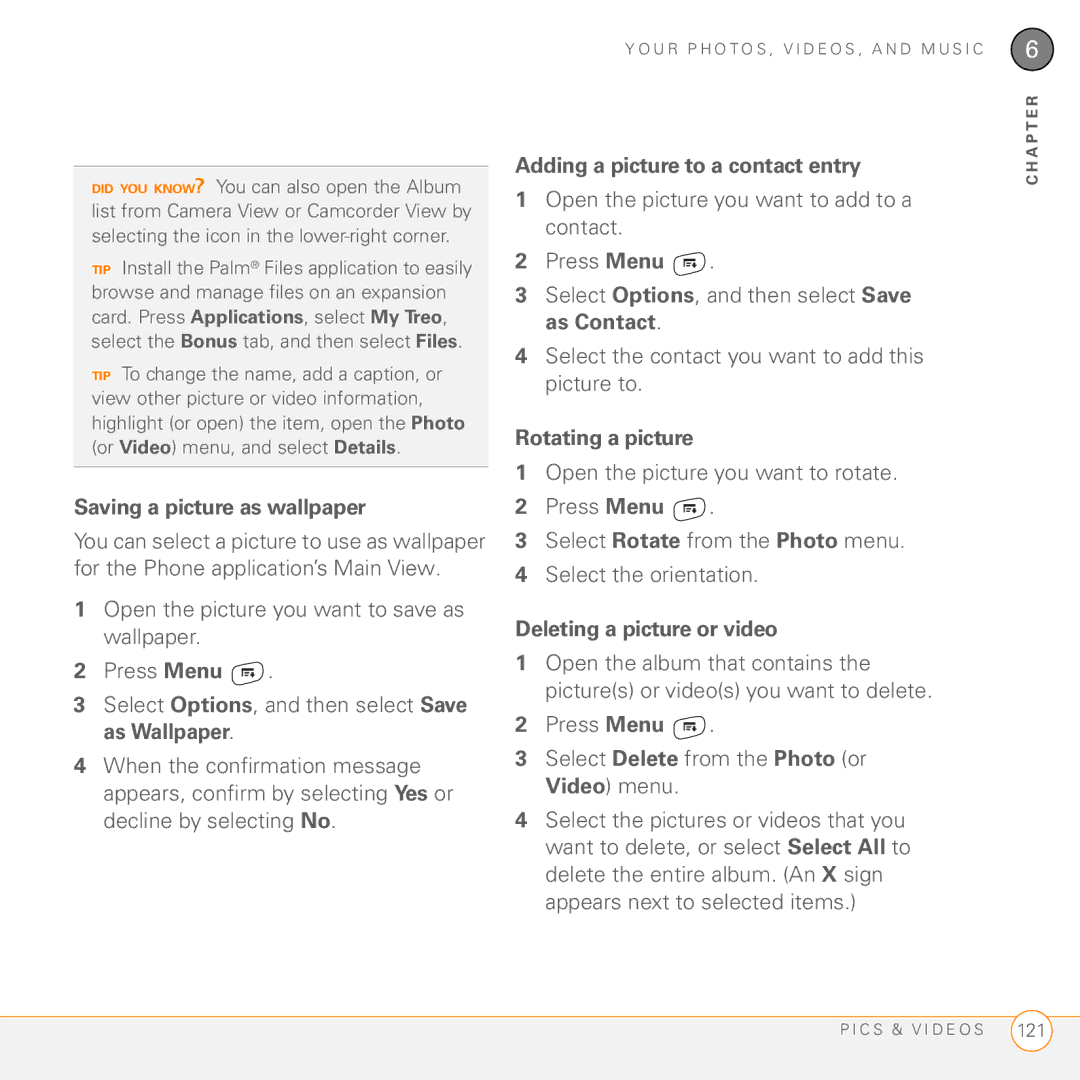 Palm Treo 755P manual Saving a picture as wallpaper, Adding a picture to a contact entry, Rotating a picture 