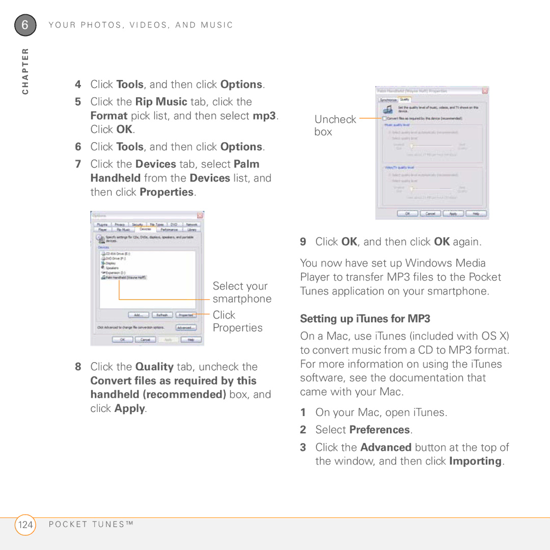 Palm Treo 755P manual Setting up iTunes for MP3, Select Preferences 