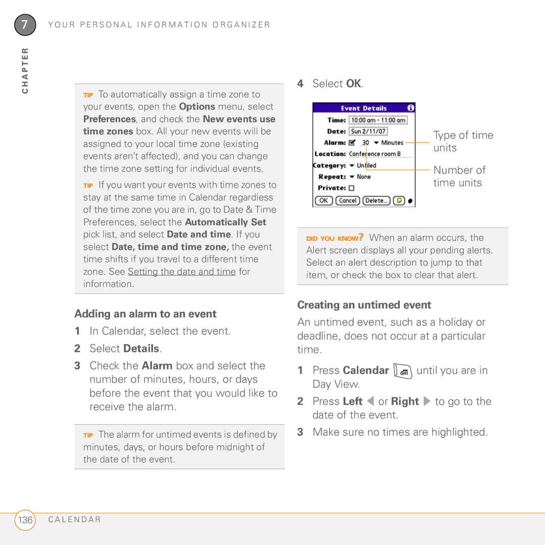 Palm Treo 755P Select OK Type of time units Number of time units, Adding an alarm to an event, Creating an untimed event 
