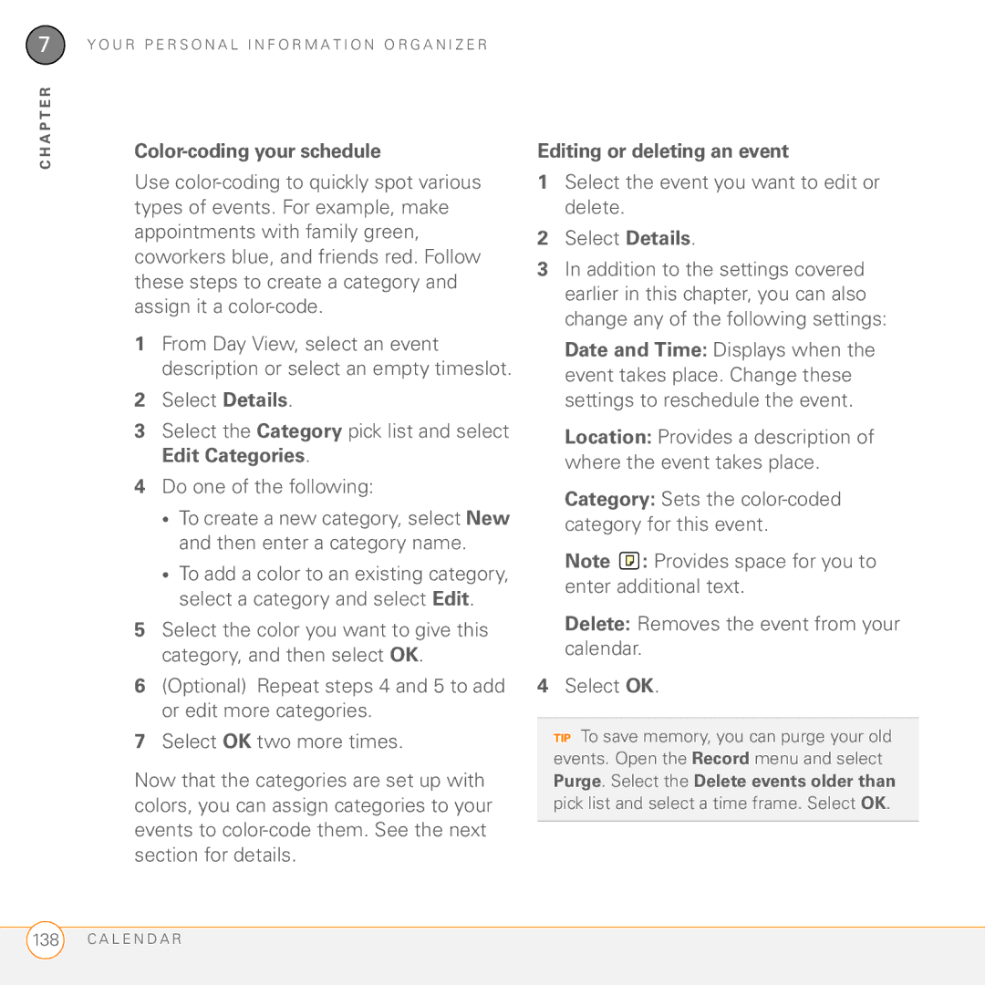 Palm Treo 755P manual Color-coding your schedule, Editing or deleting an event 