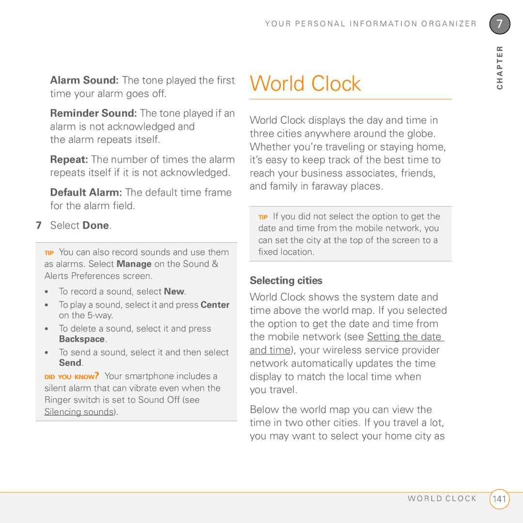 Palm Treo 755P manual World Clock, Selecting cities 