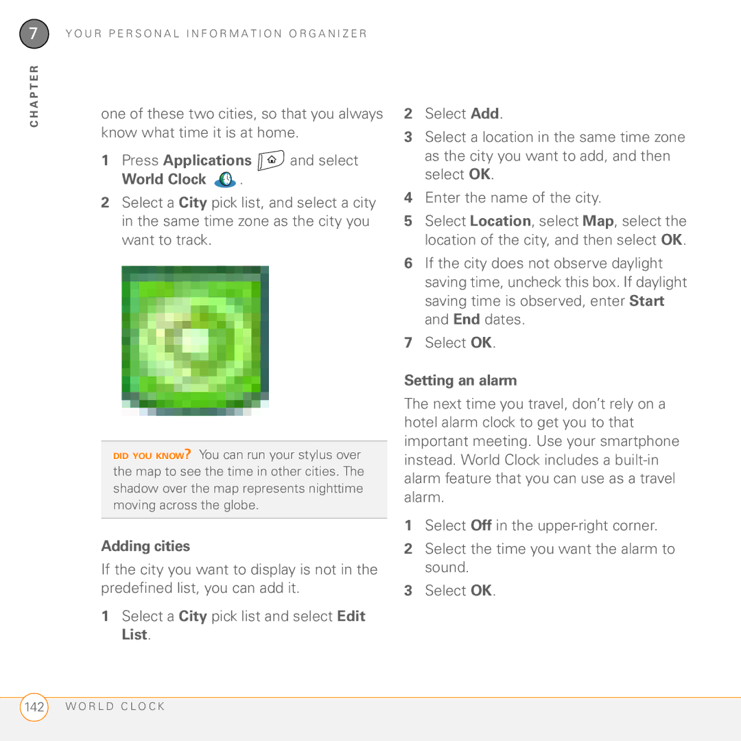 Palm Treo 755P manual World Clock, Adding cities, Setting an alarm 