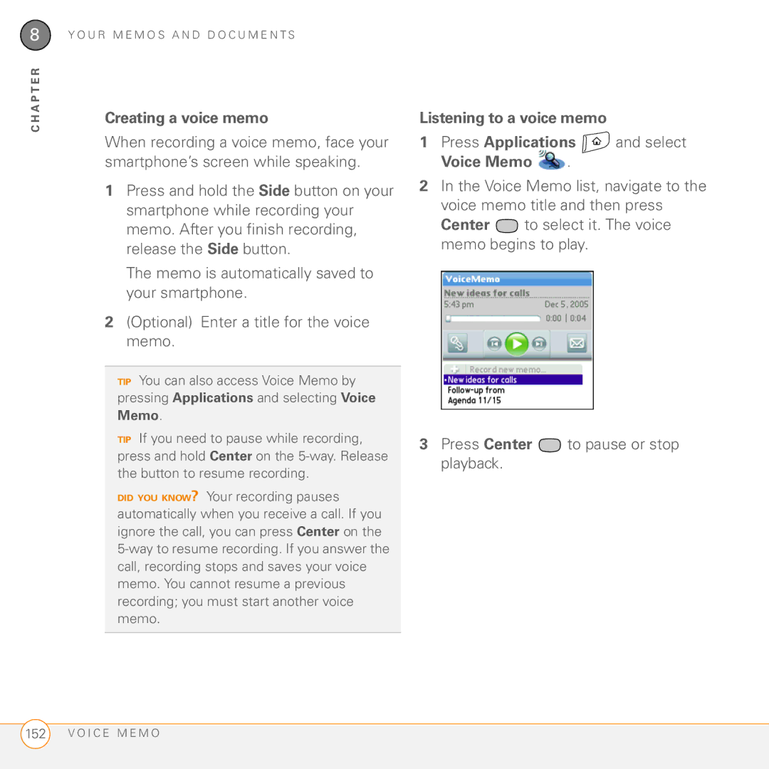 Palm Treo 755P manual Creating a voice memo, Listening to a voice memo, Voice Memo 
