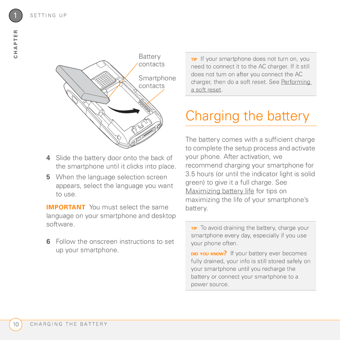 Palm Treo 755P manual Charging the battery, Battery contacts Smartphone contacts 