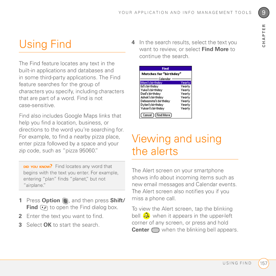 Palm Treo 755P manual Using Find, Viewing and using the alerts, Continue the search 
