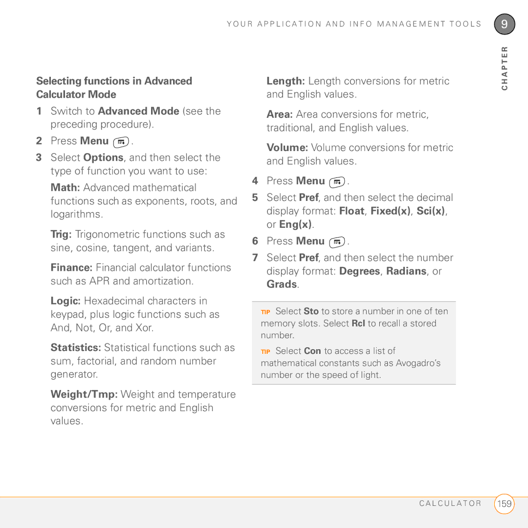 Palm Treo 755P Selecting functions in Advanced Calculator Mode, Length Length conversions for metric and English values 