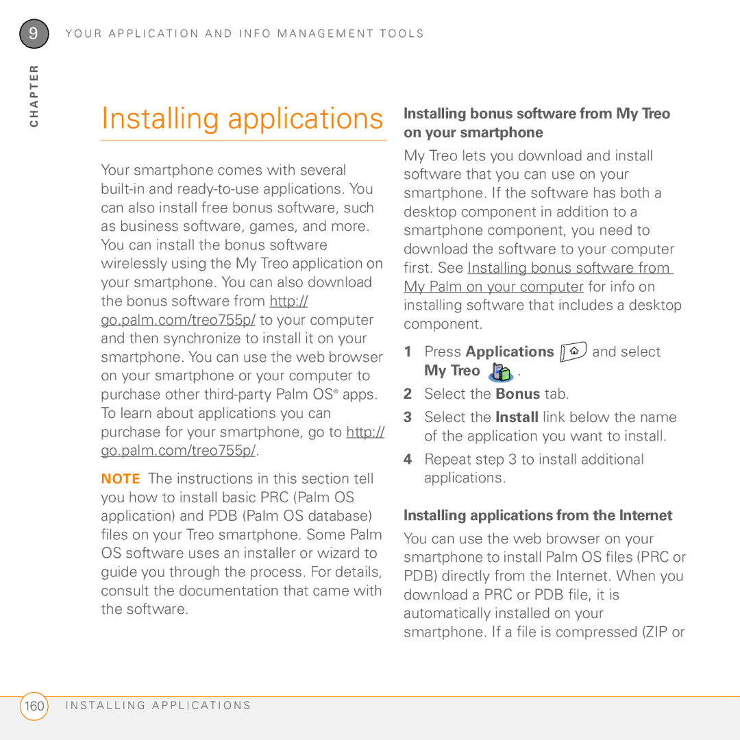 Palm Treo 755P manual Installing applications, Installing bonus software from My Treo on your smartphone 