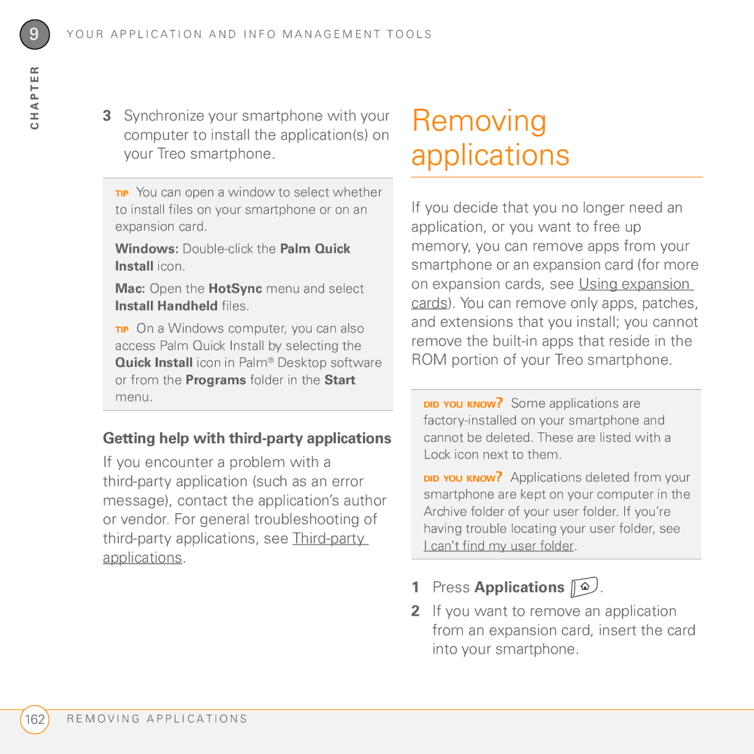 Palm Treo 755P manual Removing applications, Press Applications 
