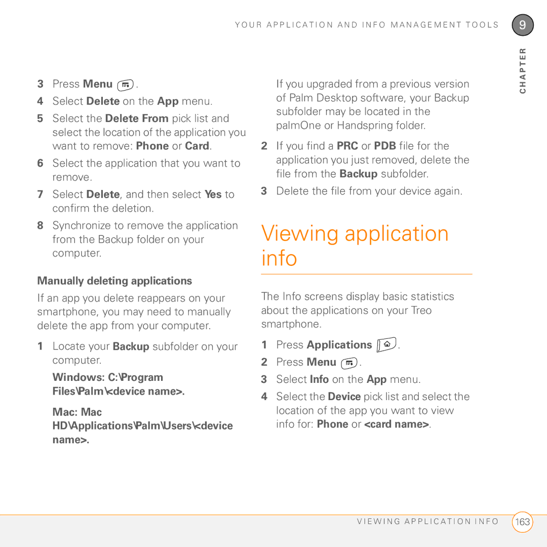 Palm Treo 755P manual Viewing application info, Manually deleting applications, Press Menu Select Info on the App menu 