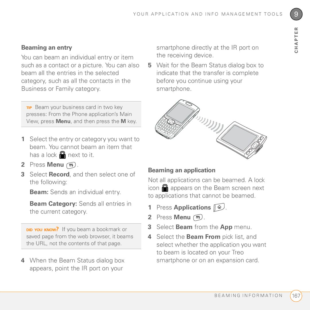 Palm Treo 755P manual Beaming an entry, Smartphone directly at the IR port on, Beaming an application 