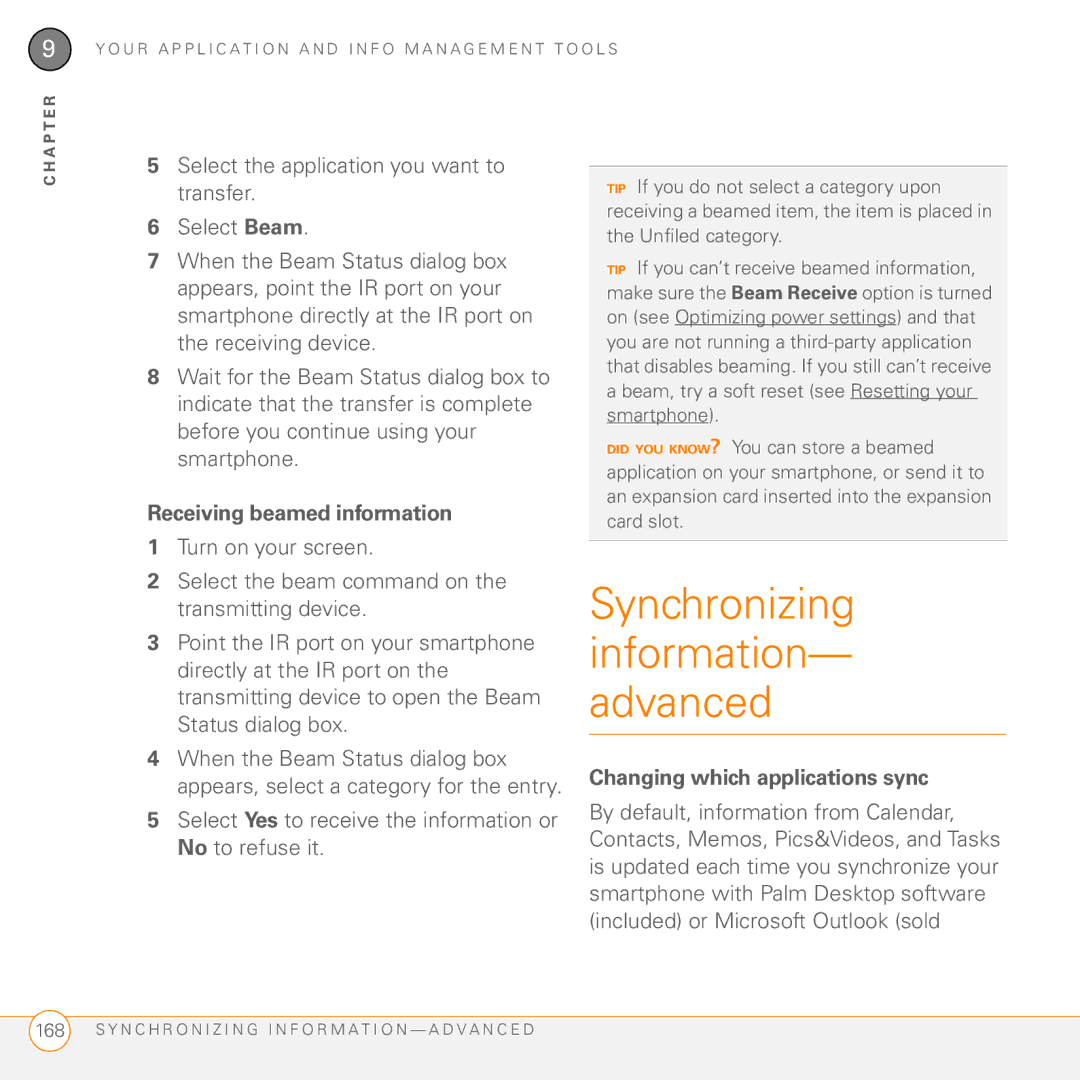 Palm Treo 755P manual Synchronizing information- advanced, Receiving beamed information, Changing which applications sync 