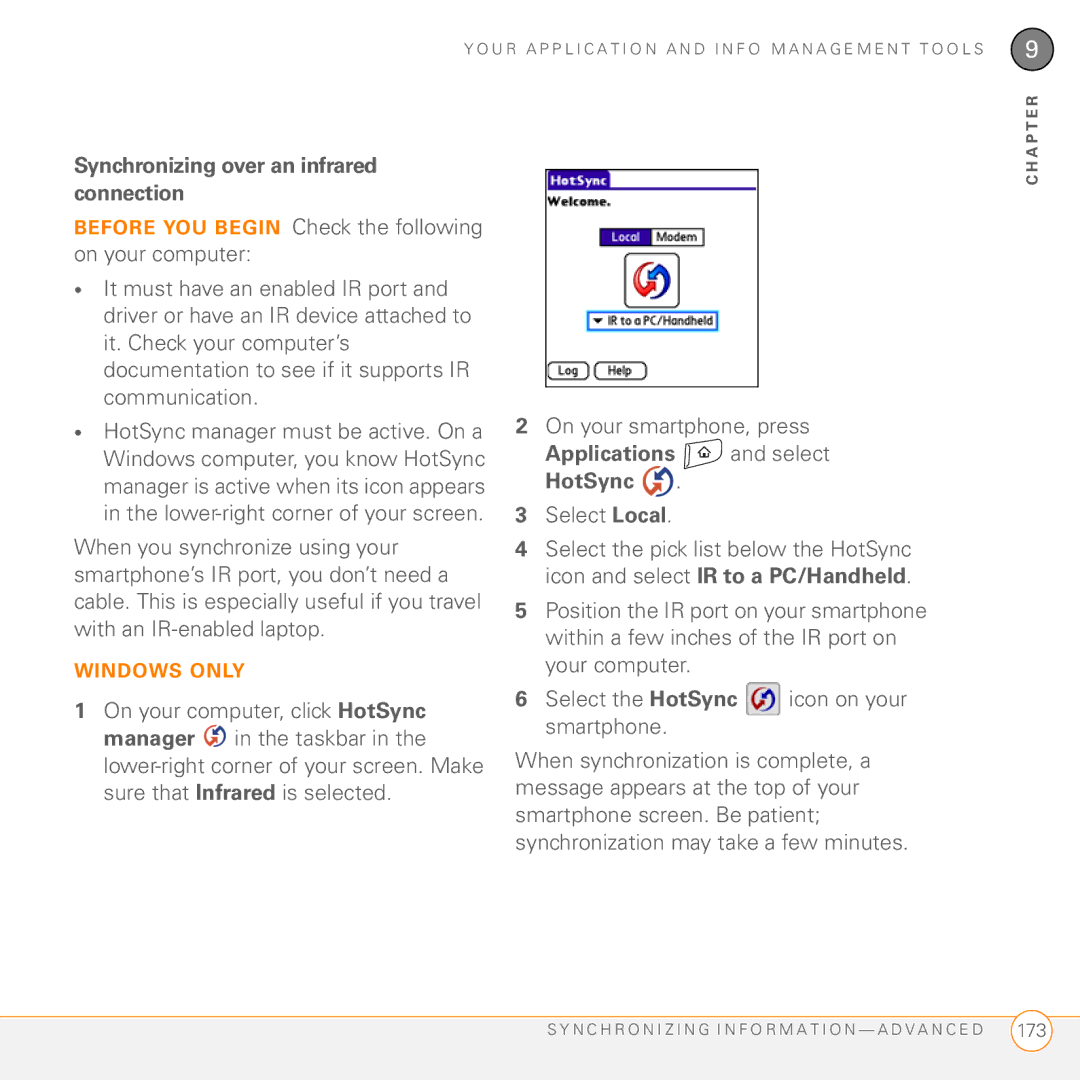 Palm Treo 755P manual Synchronizing over an infrared connection, Applications and select HotSync 