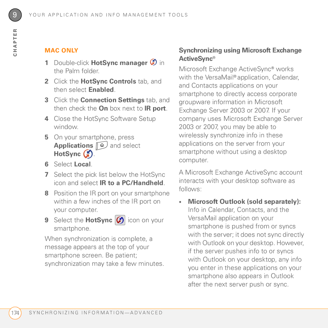 Palm Treo 755P manual Select Local, Synchronizing using Microsoft Exchange ActiveSync 