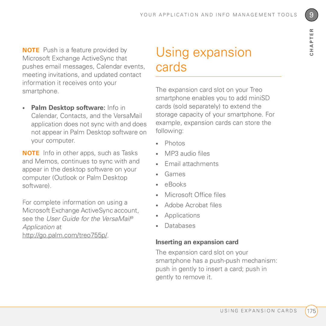Palm Treo 755P manual Using expansion cards, Inserting an expansion card 