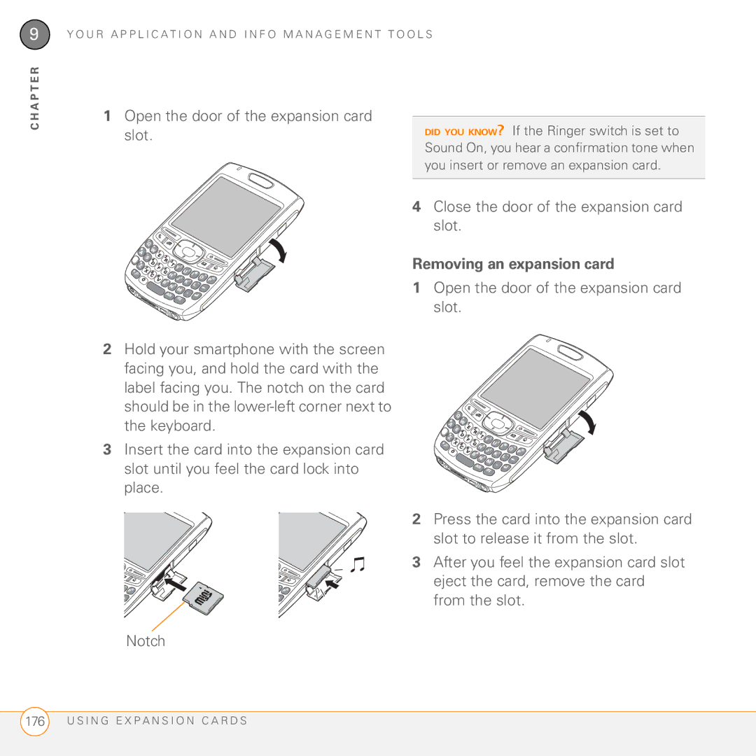 Palm Treo 755P manual Close the door of the expansion card slot, Removing an expansion card 