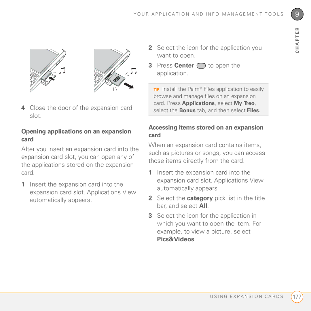 Palm Treo 755P manual Opening applications on an expansion card, Accessing items stored on an expansion card 