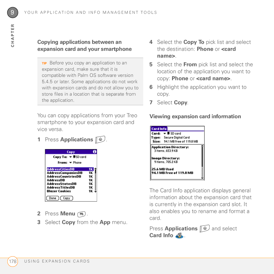 Palm Treo 755P manual Viewing expansion card information, Card Info 