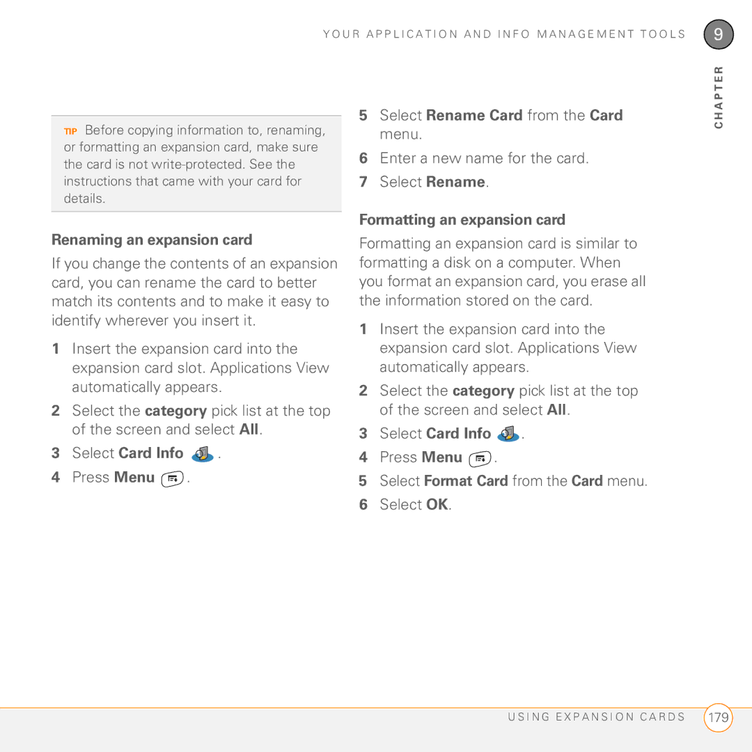 Palm Treo 755P manual Renaming an expansion card, Select Card Info, Formatting an expansion card 