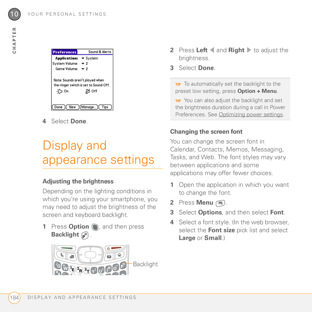 Palm Treo 755P manual Display and appearance settings, Adjusting the brightness, Changing the screen font 