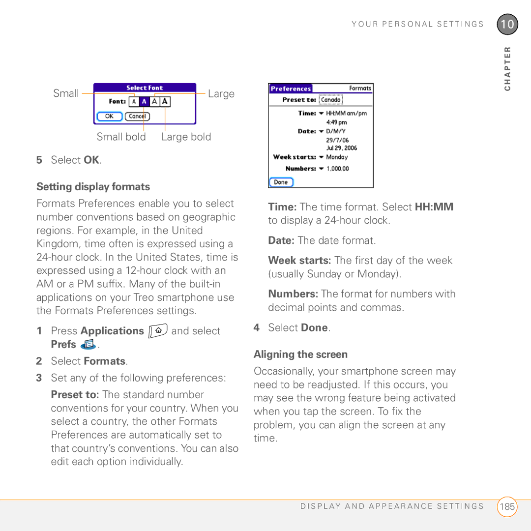 Palm Treo 755P manual Small, Large bold, Setting display formats, Press Applications and select Prefs, Aligning the screen 