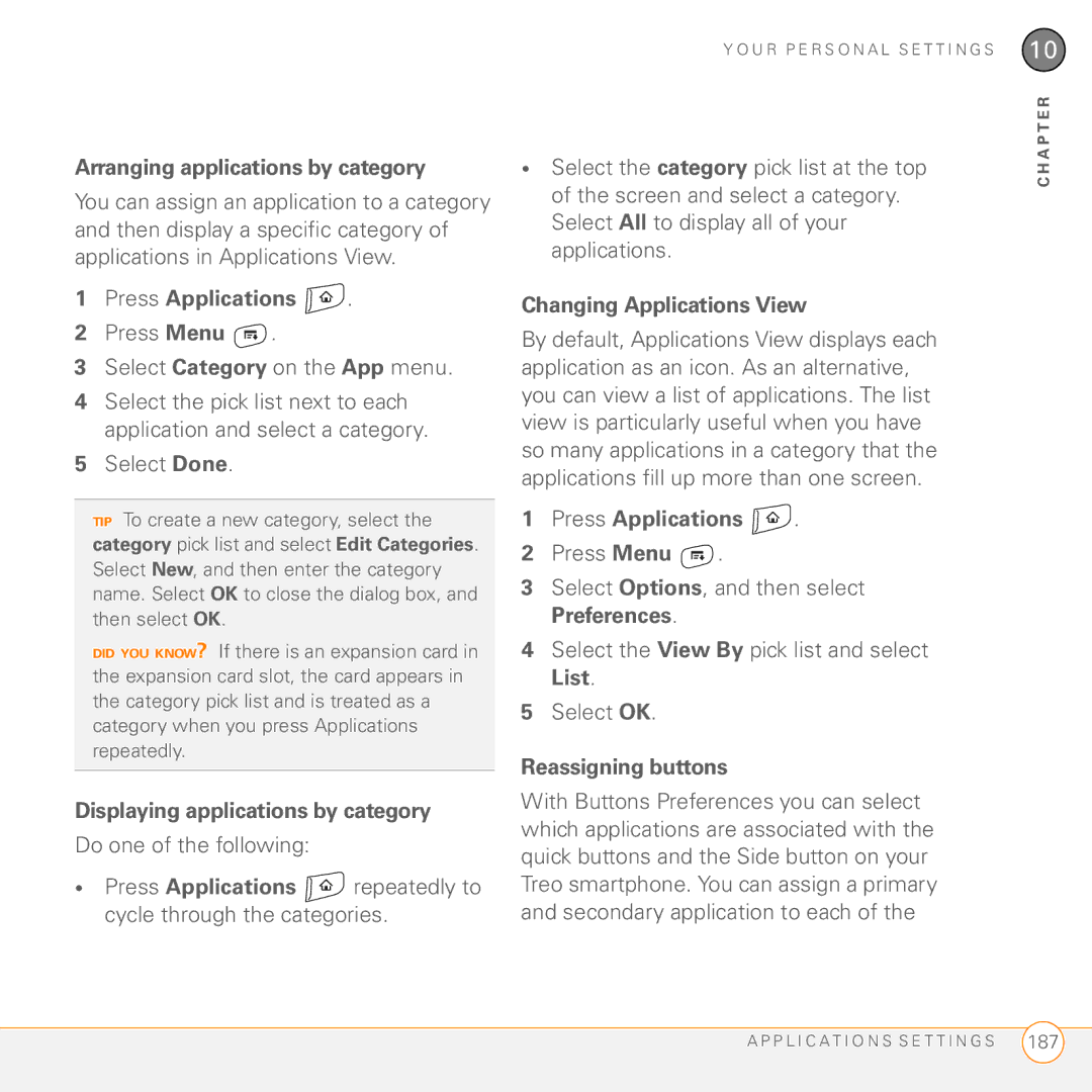 Palm Treo 755P Arranging applications by category, Press Menu Select Category on the App menu, Changing Applications View 