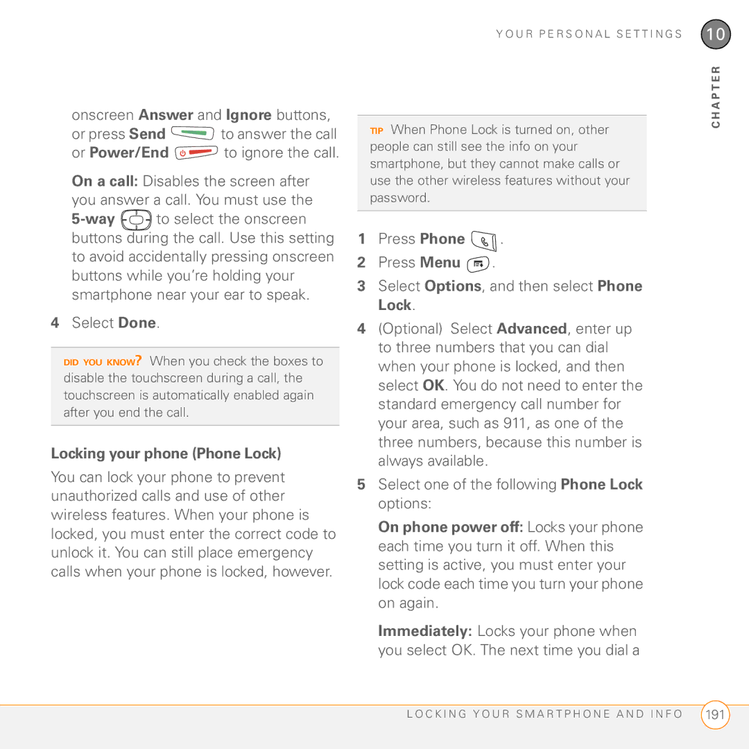 Palm Treo 755P manual Locking your phone Phone Lock 