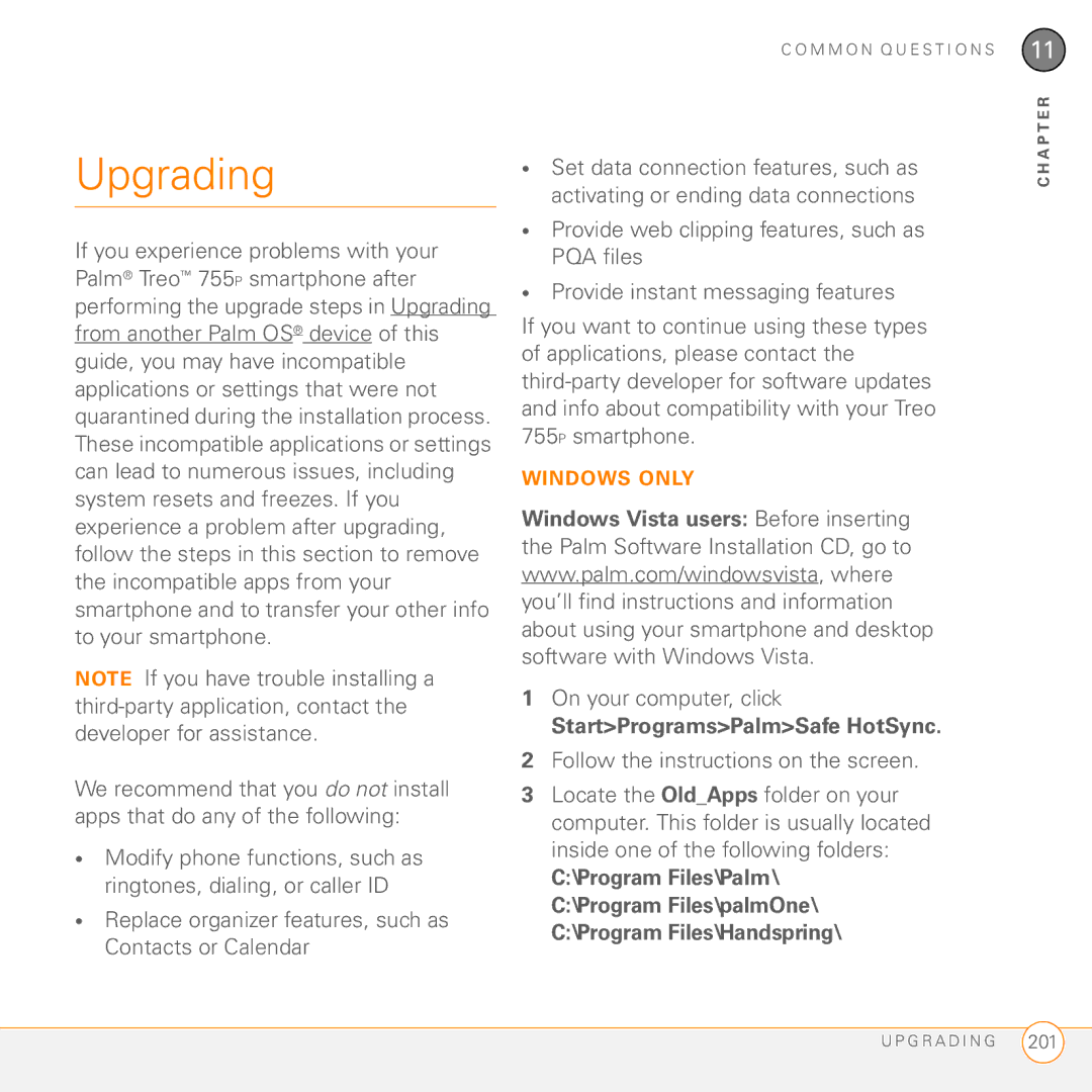 Palm Treo 755P manual Upgrading, On your computer, click, StartProgramsPalmSafe HotSync 
