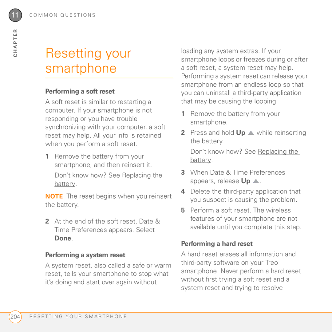 Palm Treo 755P Resetting your smartphone, Performing a soft reset, Performing a system reset, Performing a hard reset 