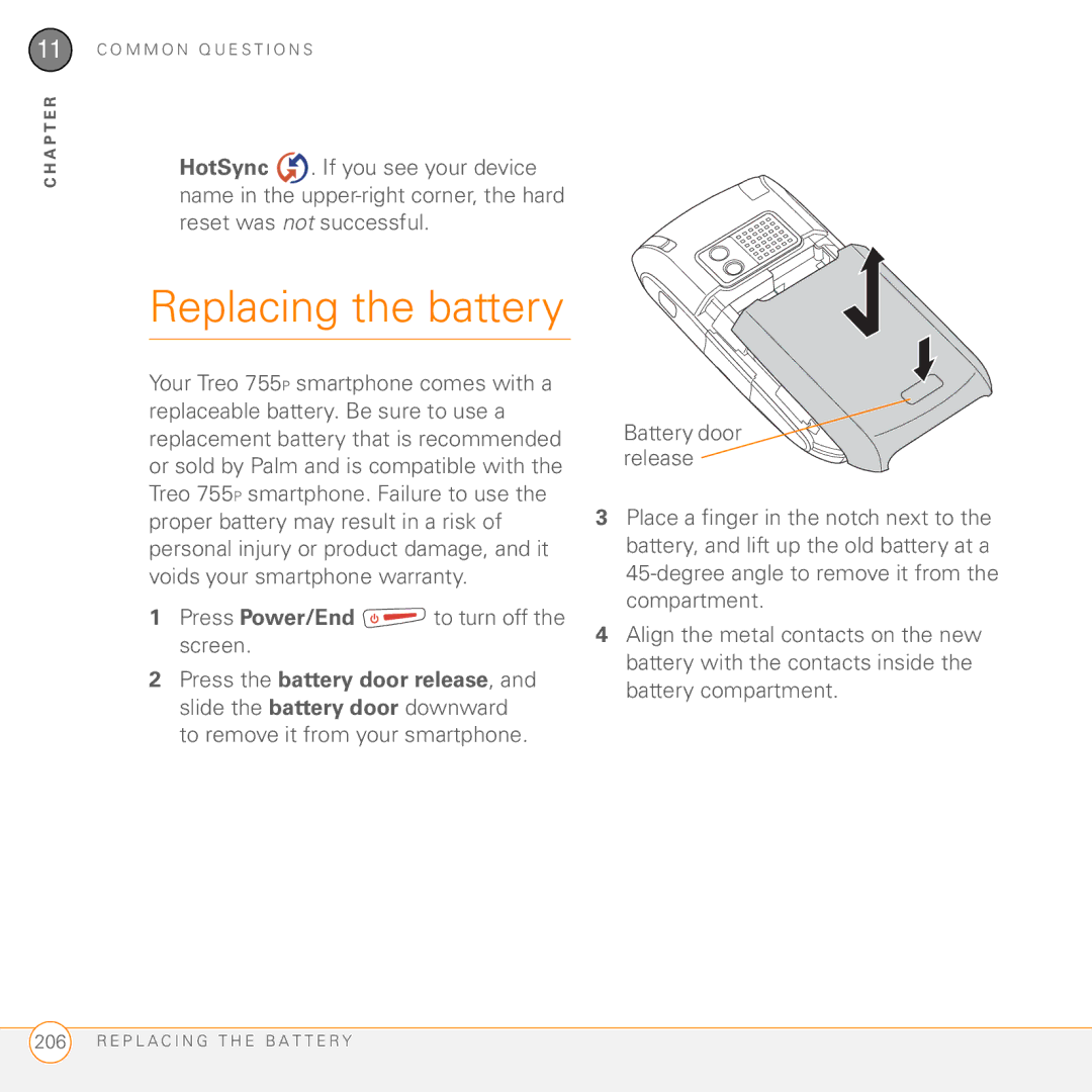 Palm Treo 755P manual Replacing the battery 