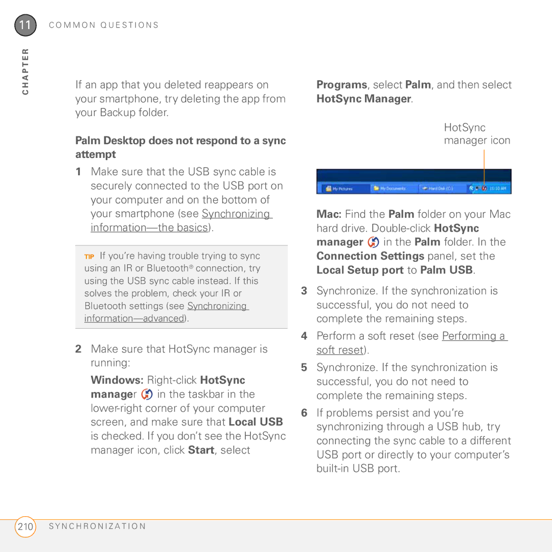 Palm Treo 755P manual Palm Desktop does not respond to a sync attempt, Make sure that HotSync manager is running 