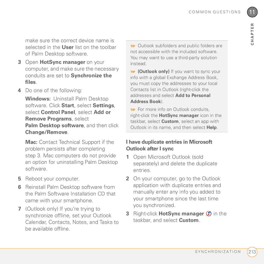 Palm Treo 755P manual Have duplicate entries in Microsoft Outlook after I sync 