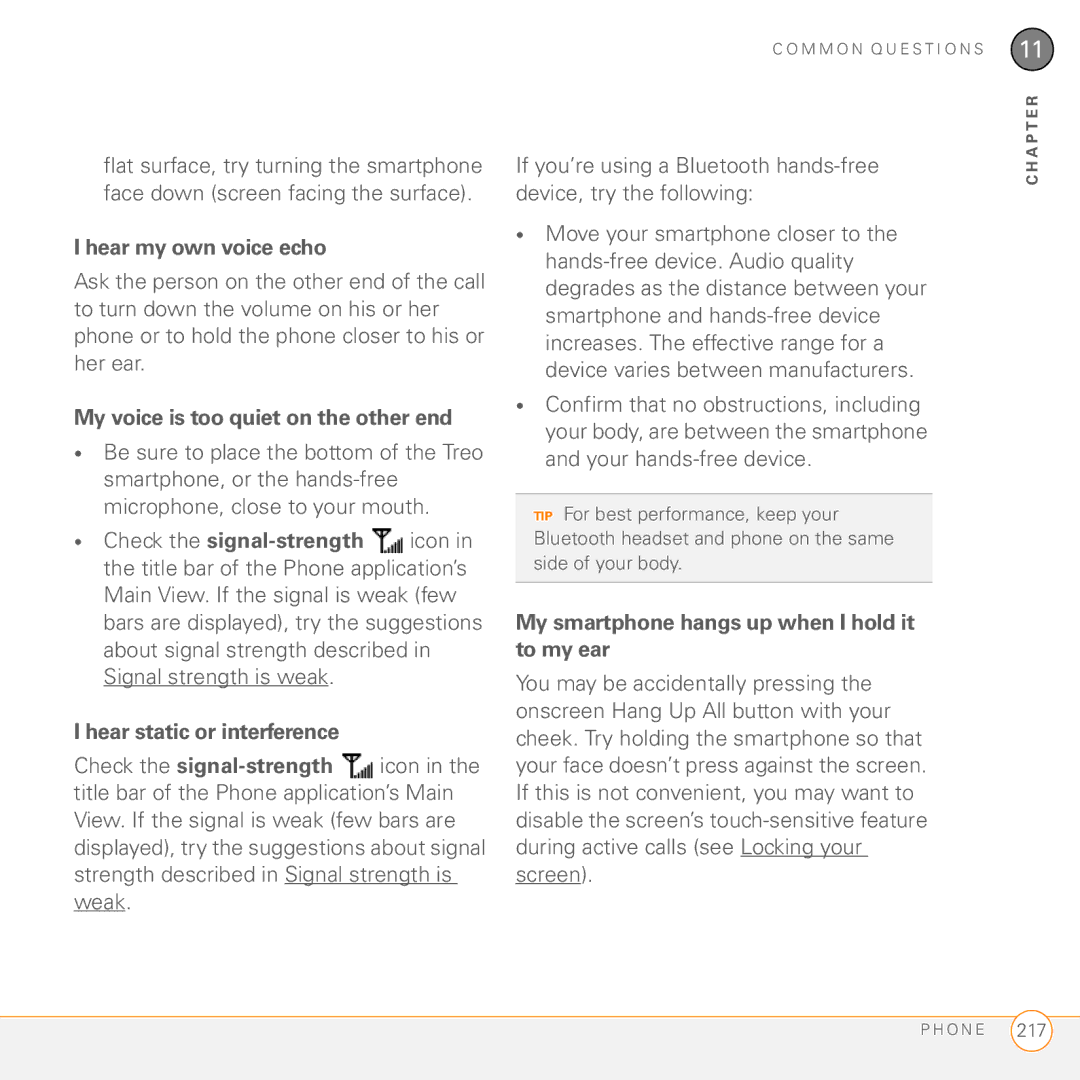 Palm Treo 755P manual Hear my own voice echo, My voice is too quiet on the other end, Hear static or interference 