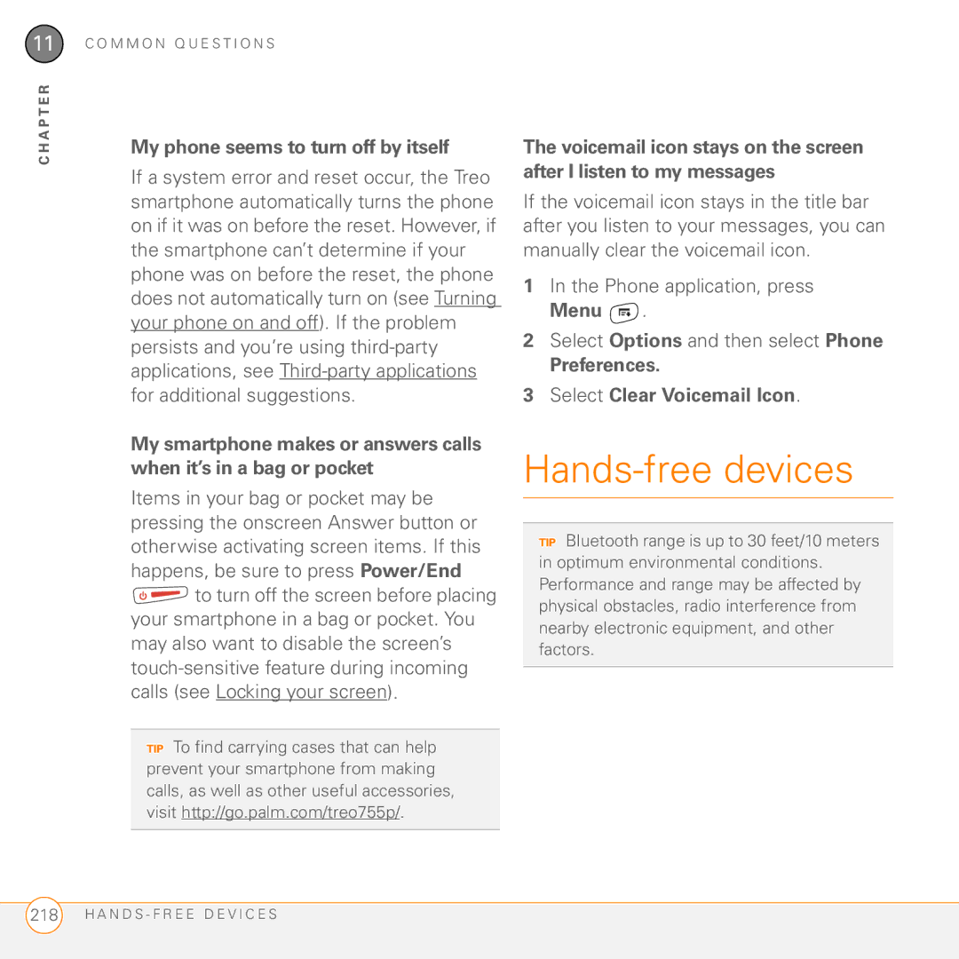 Palm Treo 755P manual Hands-free devices, My phone seems to turn off by itself, Preferences Select Clear Voicemail Icon 