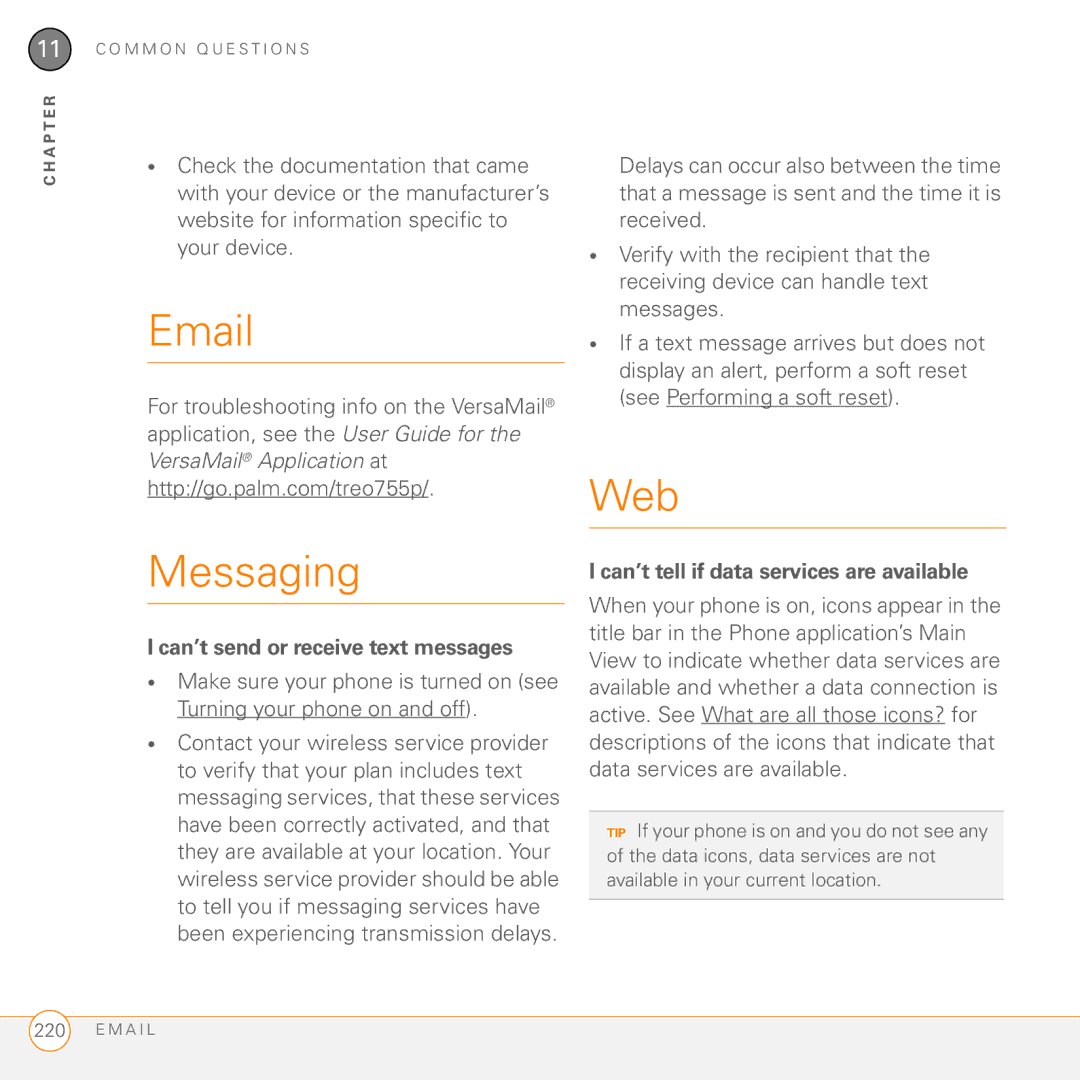Palm Treo 755P manual Web, Can’t send or receive text messages, Can’t tell if data services are available 