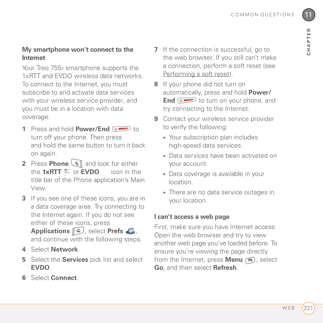 Palm Treo 755P manual My smartphone won’t connect to the Internet, Either of these icons, press, Can’t access a web 