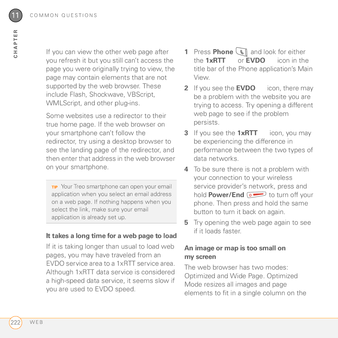 Palm Treo 755P manual An image or map is too small on my screen, It takes a long time for a web page to load 