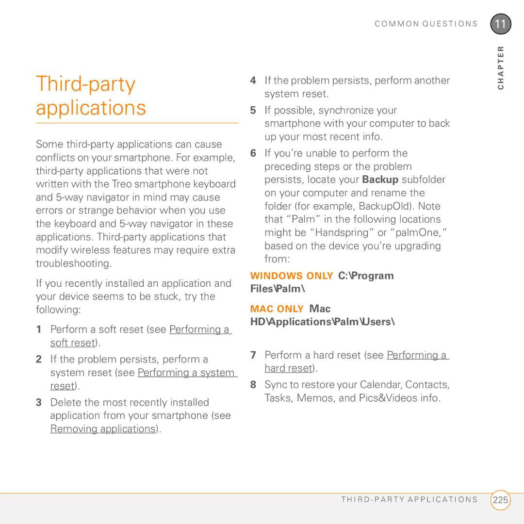 Palm Treo 755P manual Third-party applications, Files\Palm\device name, Perform a hard reset see Performing a hard reset 