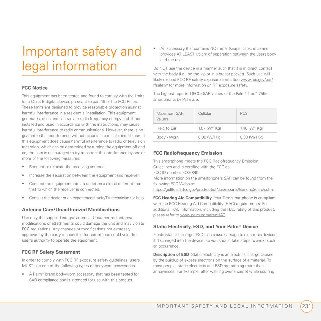 Palm Treo 755P manual Important safety and legal information, FCC Notice 